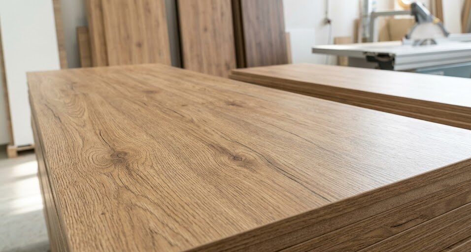 Depoda düzenli bir şekilde istiflenmiş, standart ölçülerde (122x244 cm, 18mm) MDF Lam levhalar, toptan satışa hazır bekliyor.