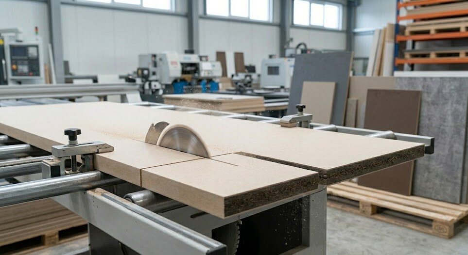 Bir restoran mutfağında, suya ve neme karşı yüksek direnç gösteren, hijyenik compact panel mdf kullanılarak yapılmış tezgah ve duvar kaplamaları.