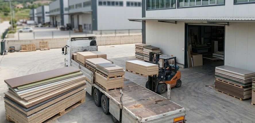 Suya ve darbelere karşı yüksek dayanıklılık gösteren 18mm kalınlığında compact panel mdf levhalarının bir depoda istiflenmiş görüntüsü, kaliteli malzeme stoğunu yansıtıyor.