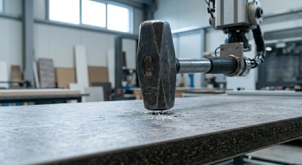 Bir kafenin yoğun müşteri trafiğine dayanıklı, temizlenmesi kolay, açık renkli compact panel mdf kaplamalı masaları ve bar tezgahı.