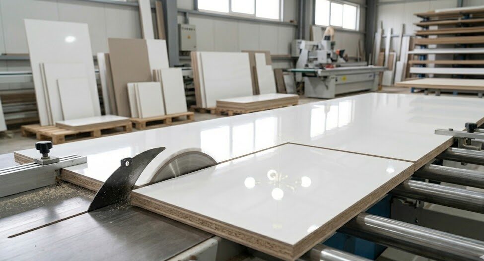 Modern bir mutfakta high gloss mdf dolap kapakları, yüksek yansımalı parlak yüzeyiyle mekanı geniş ve aydınlık gösteriyor.