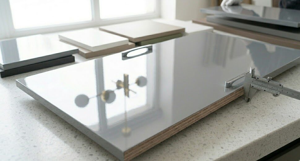 Yüksek yansıma özellikli, modern bir mutfak tasarımında kullanılan 18mm kalınlığında high gloss MDF dolap kapakları.