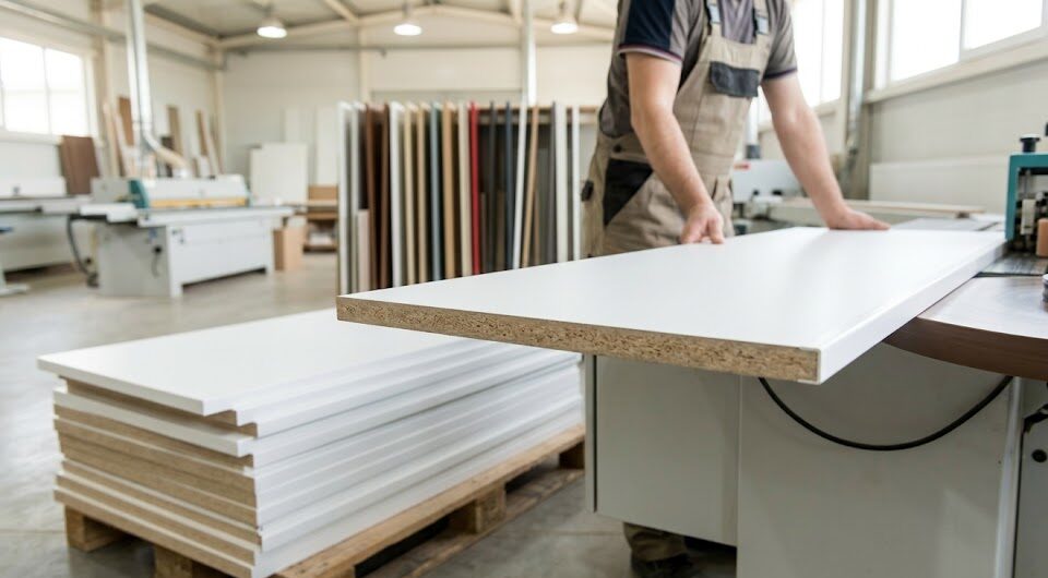 Farklı renk ve desenlerde istiflenmiş, kullanıma hazır MDF Lam panellerin bir mobilya atölyesindeki görünümü.