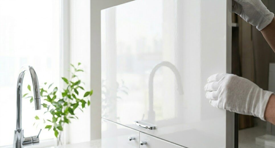 Modern mutfak dolaplarında kullanılan parlak yüzey high gloss MDF panellerin estetik görünümü ve yüksek yansıma özelliği