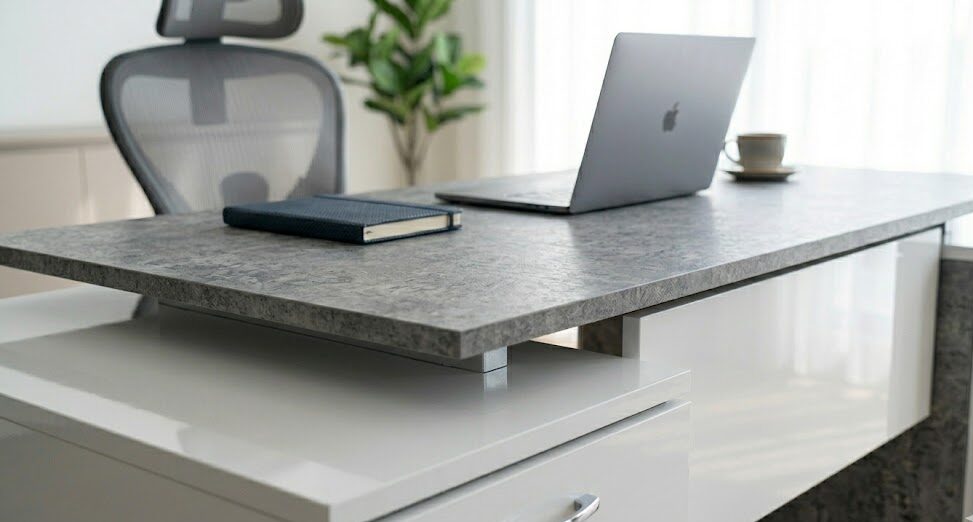 Modern bir mutfakta, ışığı yansıtan parlak yüzeyli High Gloss MDF dolap kapakları. Dolaplar, beyaz ve gri tonlarında minimal bir tasarıma sahip, tezgah üzerinde taze meyveler ve bitkiler bulunuyor.