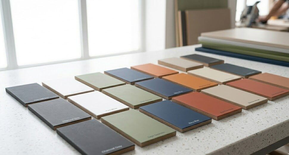 Modern bir mutfakta, parmak izi tutmayan Supramat MDF panellerle tasarlanmış mat yüzeyli dolaplar ve tezgah detayı.