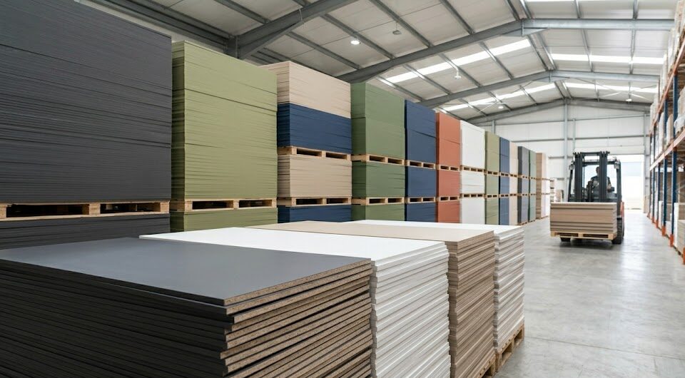 Bir iç mimari projede, sade ve soft touch dokulu Supramat MDF panellerin kullanıldığı, zarif bir ofis veya yaşam alanı detayı.